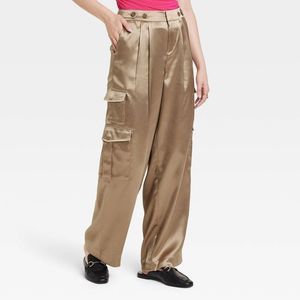 NWT Women's High-Rise Satin Cargo Pants - A New Day Brown 8